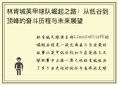 林肯城英甲球队崛起之路：从低谷到顶峰的奋斗历程与未来展望