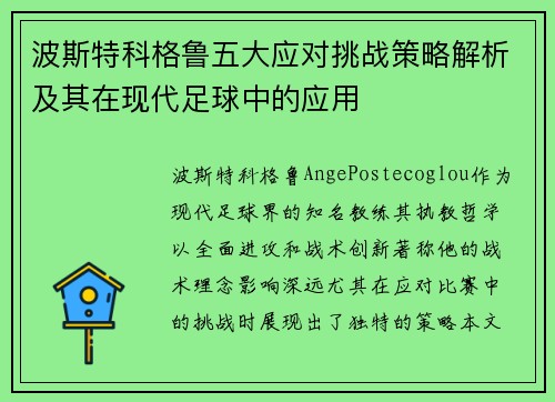 波斯特科格鲁五大应对挑战策略解析及其在现代足球中的应用