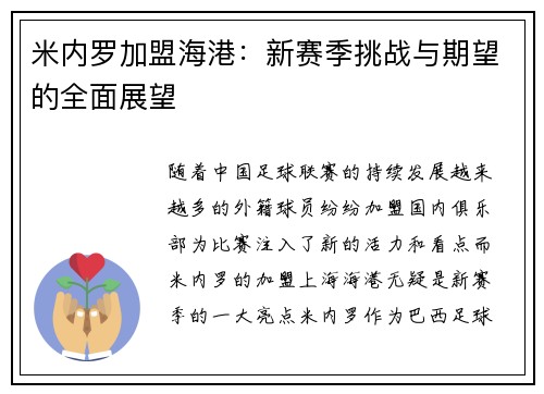 米内罗加盟海港：新赛季挑战与期望的全面展望