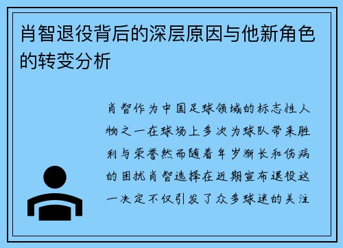 肖智退役背后的深层原因与他新角色的转变分析