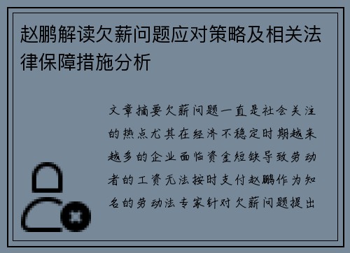赵鹏解读欠薪问题应对策略及相关法律保障措施分析